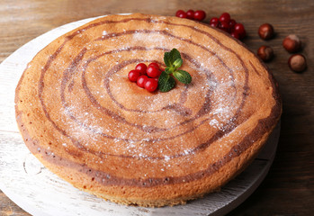 Tasty homemade pie on table