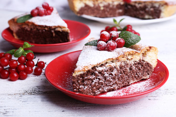 Tasty homemade pie on table