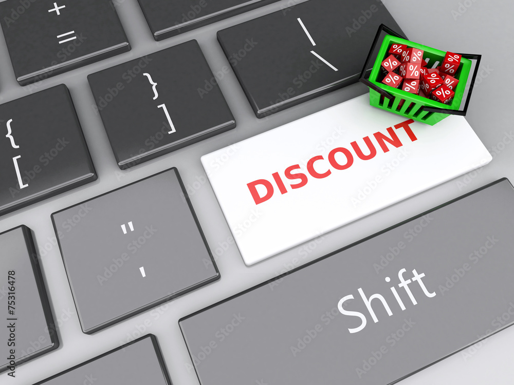 Poster 3d shopping basket with red cubes on computer keyboard. online