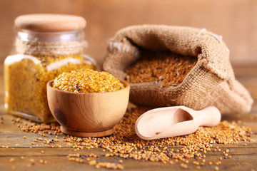 Mustard seeds in bag and Dion mustard in jar and bowl