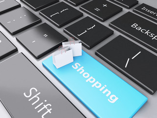 Fototapeta premium 3d Shopping bag on computer keyboard. Online shopping concept.