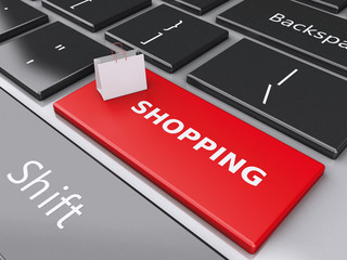 3d Shopping bag on computer keyboard. Online shopping concept.