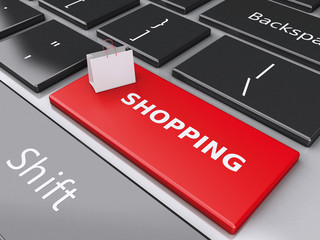 Fototapeta premium 3d Shopping bag on computer keyboard. Online shopping concept.