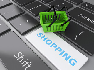 Fototapeta premium 3d Shopping basket on computer keyboard. Online shopping concept