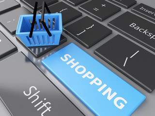 Fototapeta premium 3d Shopping basket on computer keyboard. Online shopping concept