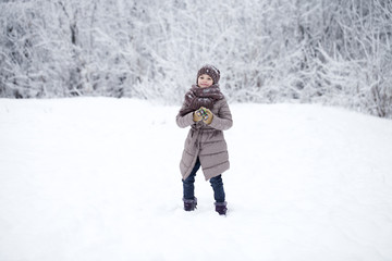 Fototapeta na wymiar Happy little girl on the background of a winter park