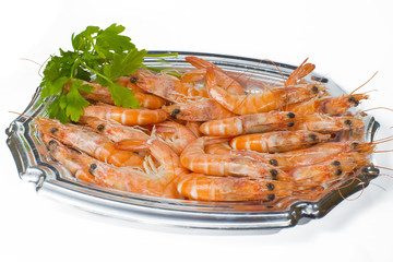 Cooked prawns on white background
