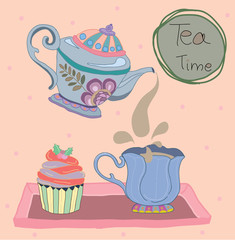 cup tea pot pour cup cake  on pink tray