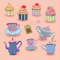 cups tea pots pour cupcake  pink  background