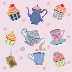 cups tea pot pour cupcake pink  background