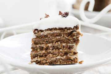 piece of coffee cake with icing, close-up