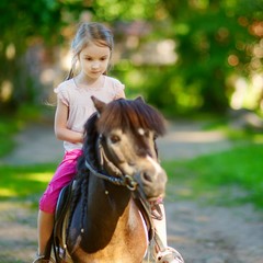 Adorable little girl riding a pony