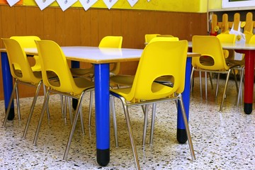 classroom of a school with the little yellow chairs