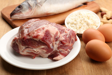 Food high in protein on table, close-up