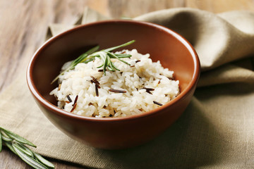 Tasty rice served on table, close-up