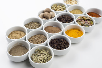 large collection of different spices and herbs isolated on white