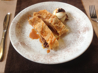 Apple strudel with ice cream