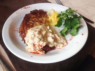 Ukrainian traditional dish - potato pancakes with mushrooms