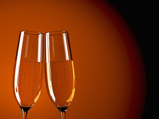 two glass champagne on a  table with colorful background