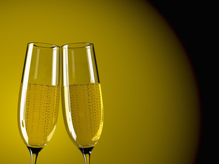 two glass champagne on a  table with colorful background