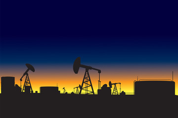 Oil refinery and oil pumps silhouettes at dawn vector