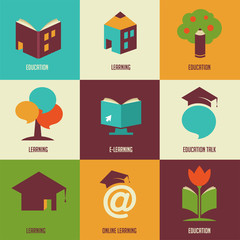 Education icons and symbols, online learning, graduation concept