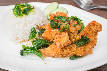 Basil fried rice with crispy chicken (Pad kra prao kai krob), Th