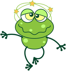 Green frog walking unsteadily and feeling dizzy