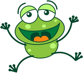 Green frog laughing, jumping and celebrating