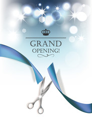 Grand opening background with blue ribbon and silver scissors