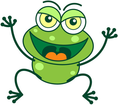 Green frog in mischievous attitude and jumping