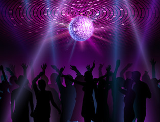 Disco ball background. Dancing people