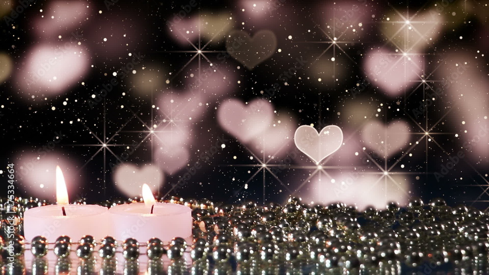 Poster two candles and heart bokeh lights loopable background
