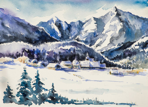 Winter landscape - village covered with snow.Watercolors.