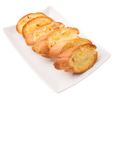 Homemade garlic bread of French baguette slices 