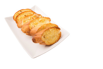 Homemade garlic bread of French baguette slices 