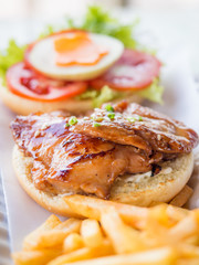 Yummy chicken burger with fries