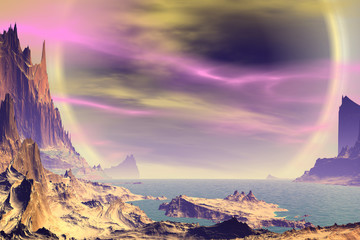 3D rendered fantasy alien planet. Rocks and sea © Pavel Parmenov