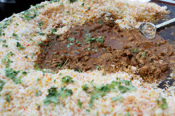 Rice with chicken curry in indian restaurant