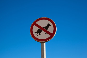 No dog sign against clear blue sky