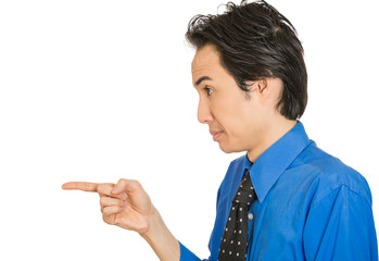 serious man, pointing with index finger at someone