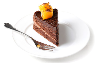 Yummy chocolate cake with orange, close-up