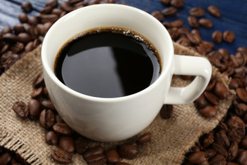 Cup of coffee on table close-up