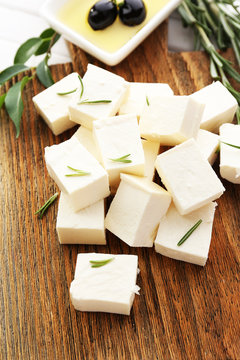 Feta cheese on table close-up