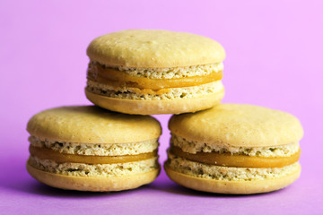 Gentle colorful macaroons on color background