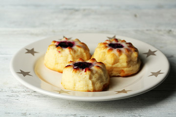 Delicious cheesecakes on wooden table