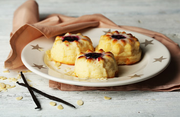 Delicious cheesecakes on wooden table