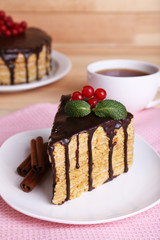 Chocolate cake on table