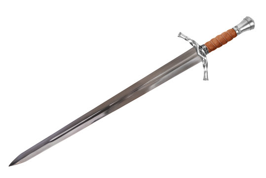 Isolated medieval sword with a polished stainless steel blade and classic hilt design on a white background. Ideal for historical, fantasy, and cosplay themes, showcasing elegance and craftsmanship.