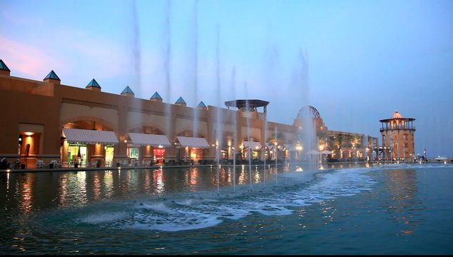 Mall in Kuwait illuminated at dusk